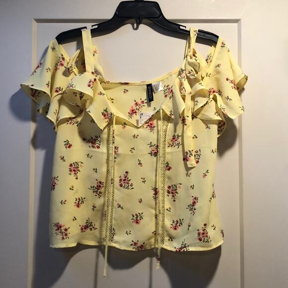 H&M divided tie up cold‎ shoulder yellow floral blouse NWT size 4 - Picture 1 of 6